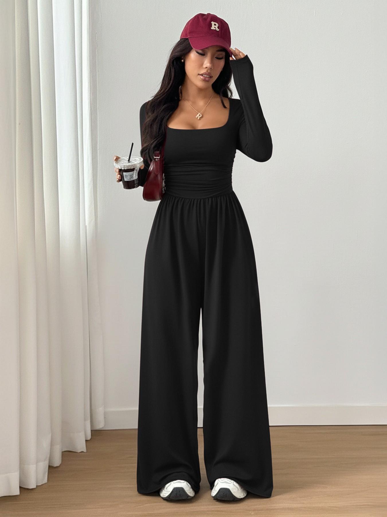 Women’s 100% Cotton Long Sleeve Knit Wide-Leg Jumpsuit with Pockets