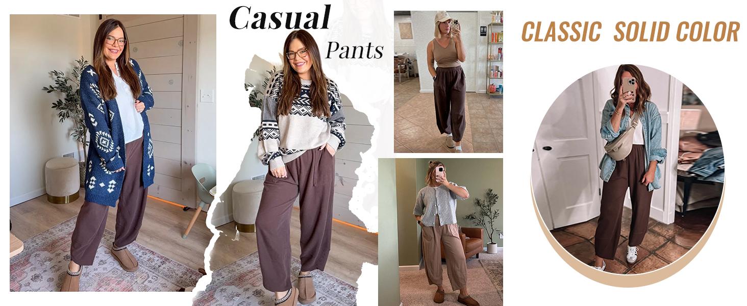 UANEO SummerVibes Women's Baggy Wideleg Pants Casual Elastic Waisted Palazzo Harem Pants with Pockets