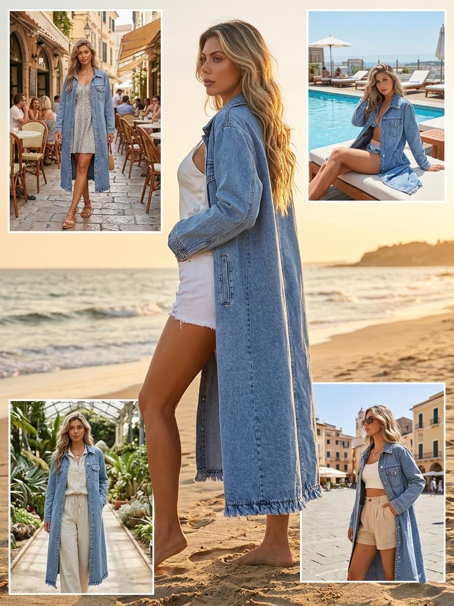 Scacto Women's Classic Longline Denim Trench Coat with Button-Front for Chic Spring and Fall Everyday Style Scacto Women's Classic Longline Denim Trench Coat with Button-Front for Chic Spring and Fall Everyday Style