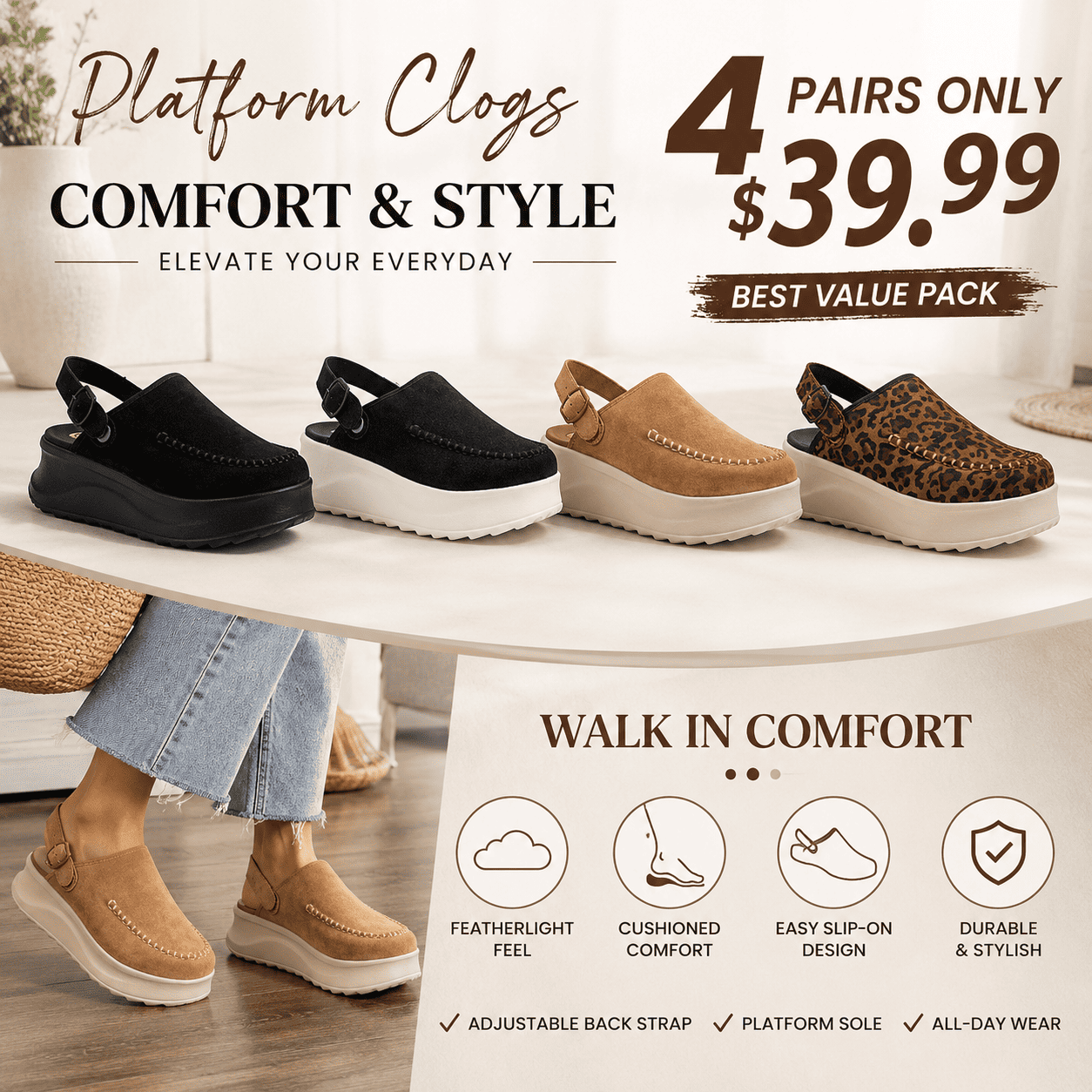 Womens Comfortable Slip on Platform Clog Casual Clogs Slingback Mules