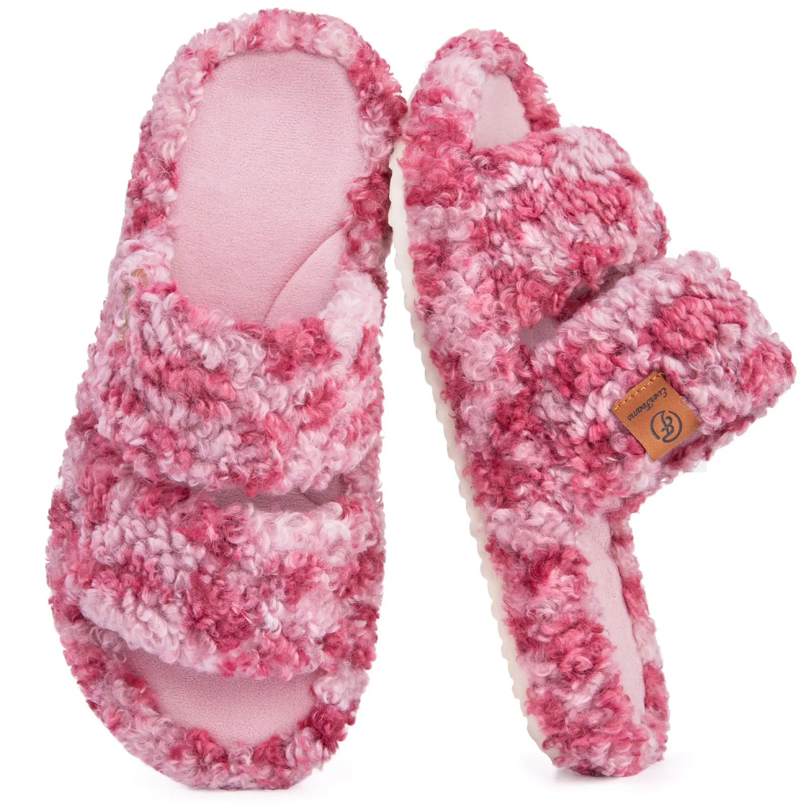 Women's Fuzzy Open-Toe Memory Foam Slippers with Non-Slip Rubber Sole