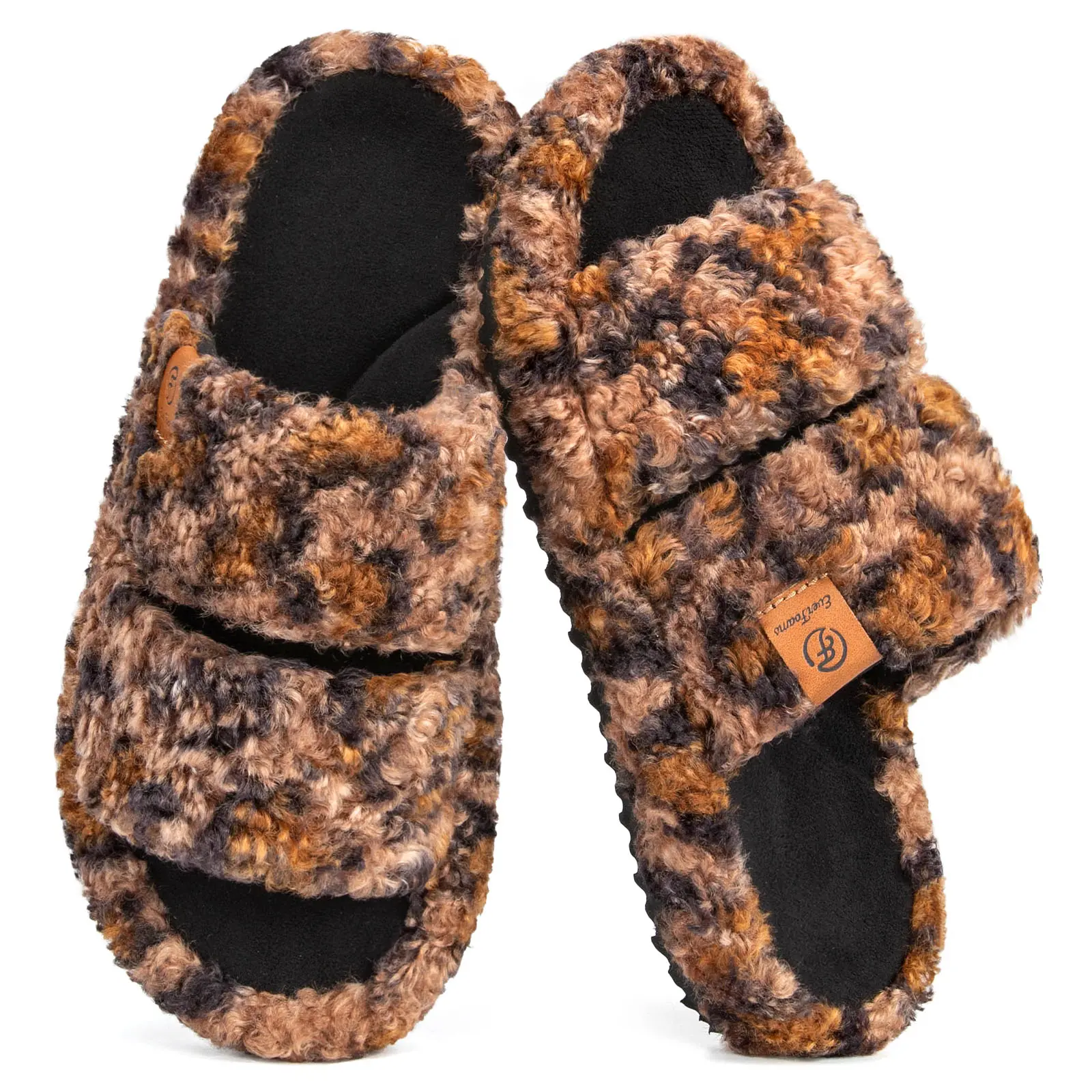 Women's Fuzzy Open-Toe Memory Foam Slippers with Non-Slip Rubber Sole