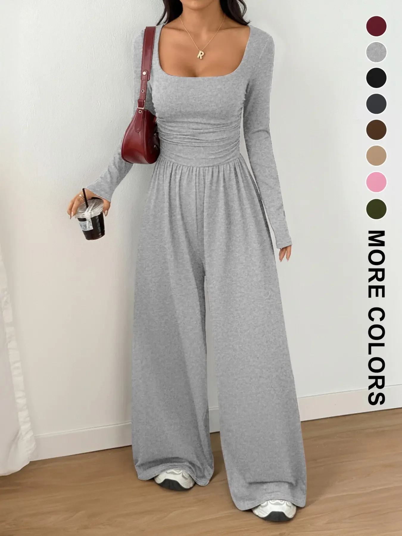 Women’s 100% Cotton Long Sleeve Knit Wide-Leg Jumpsuit with Pockets