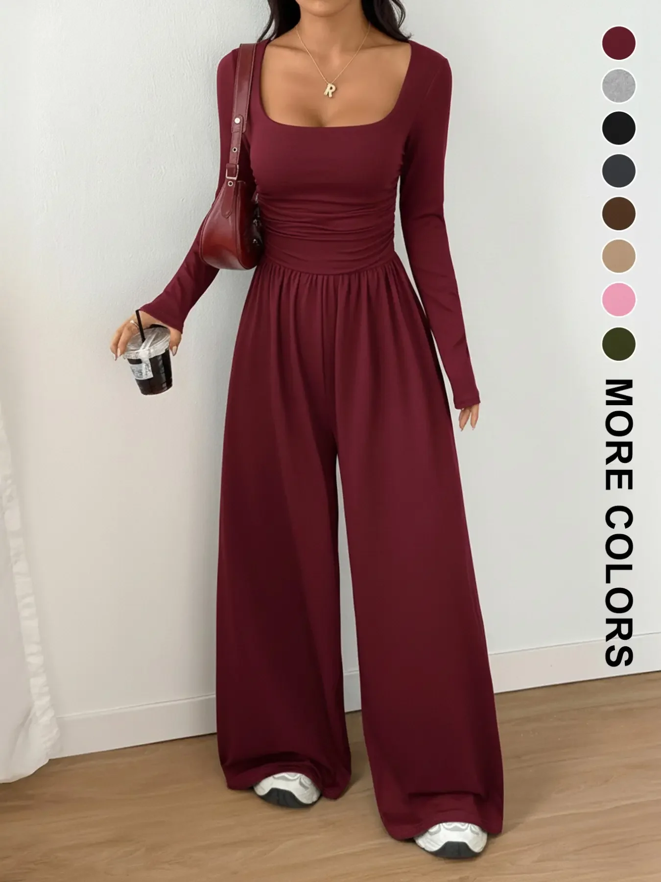 Women’s 100% Cotton Long Sleeve Knit Wide-Leg Jumpsuit with Pockets