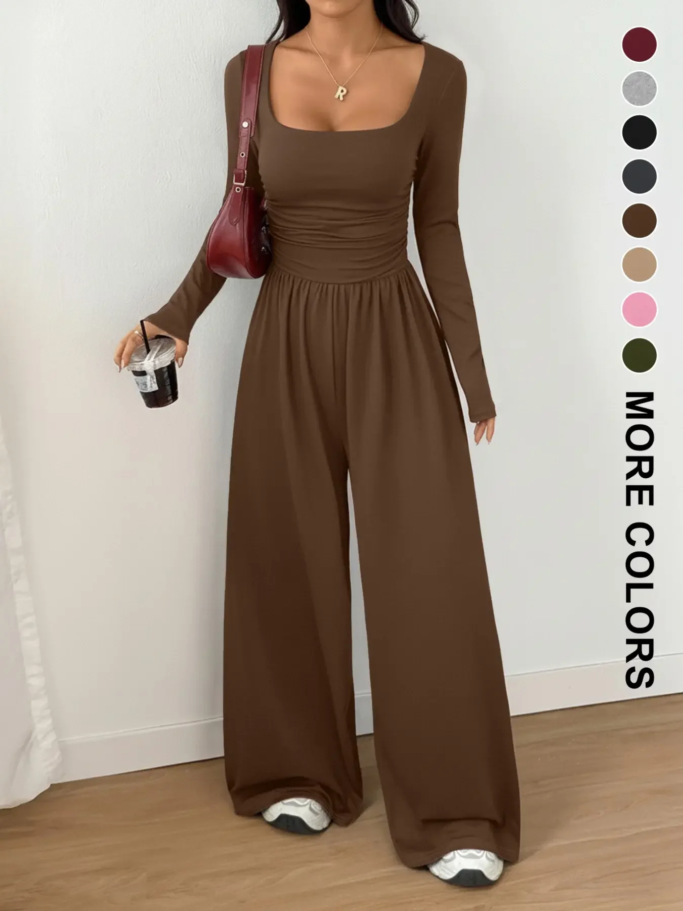 Women’s 100% Cotton Long Sleeve Knit Wide-Leg Jumpsuit with Pockets