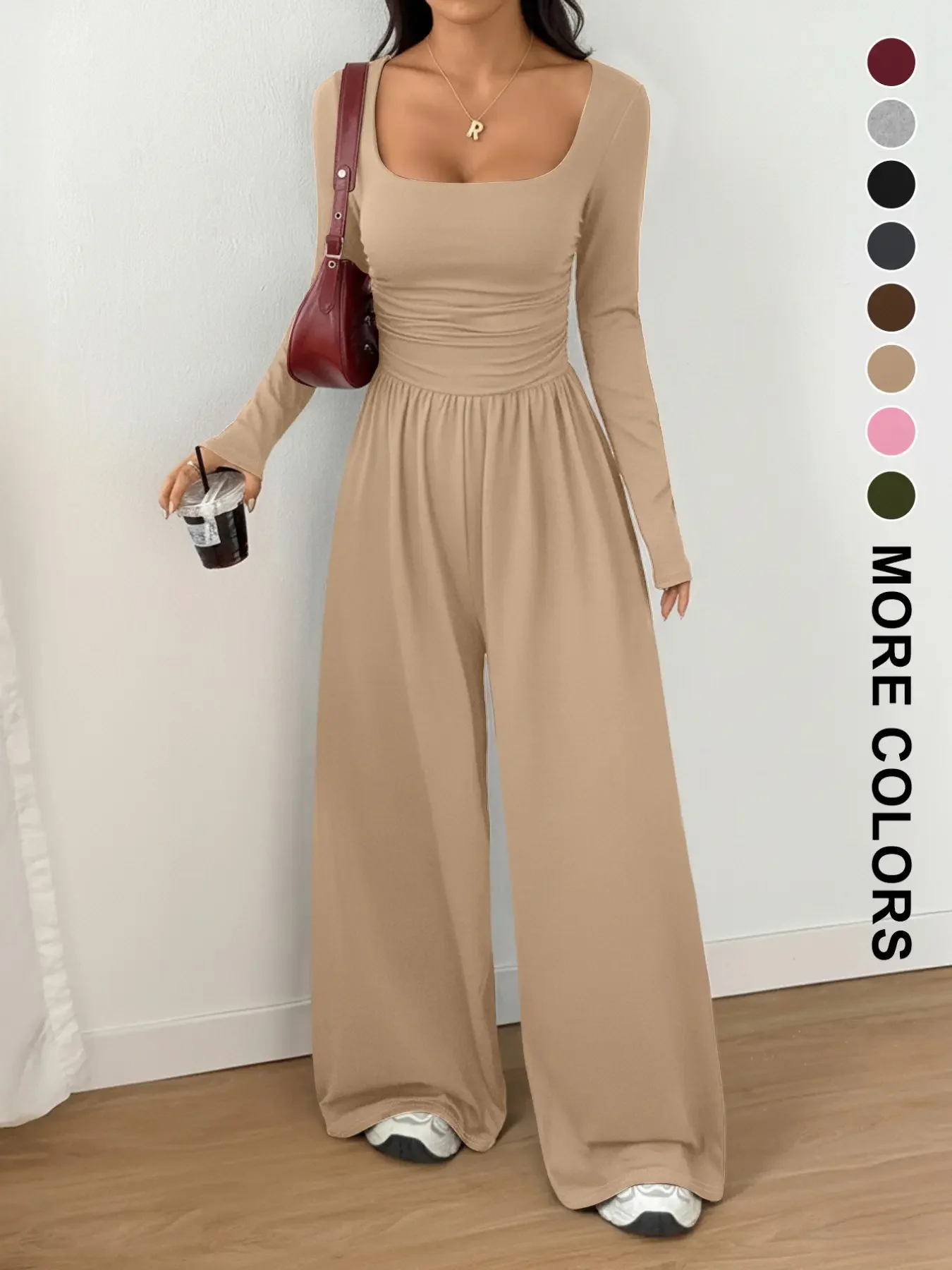 Women’s 100% Cotton Long Sleeve Knit Wide-Leg Jumpsuit with Pockets