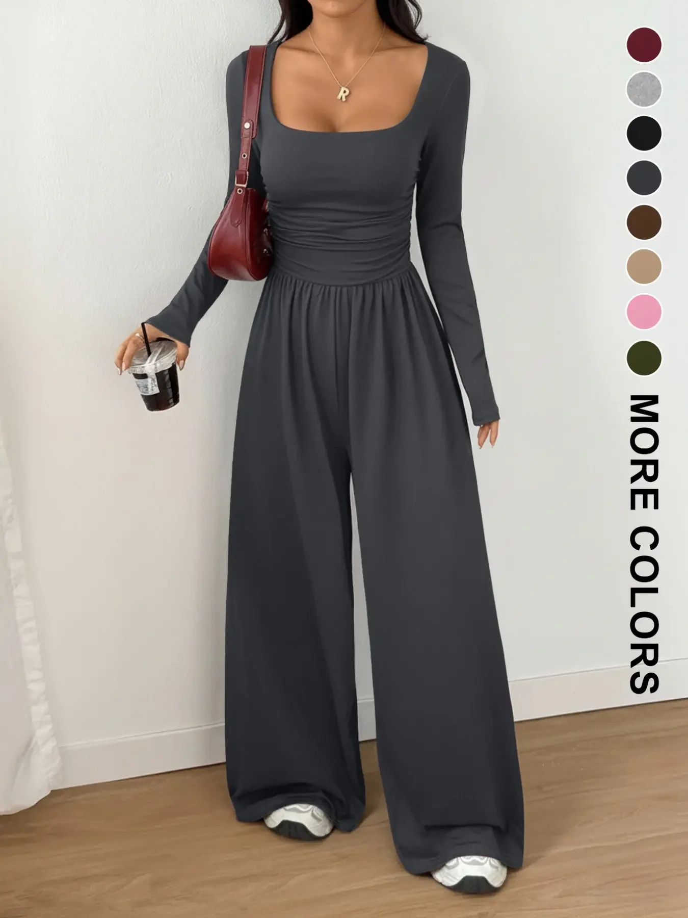 Women’s 100% Cotton Long Sleeve Knit Wide-Leg Jumpsuit with Pockets