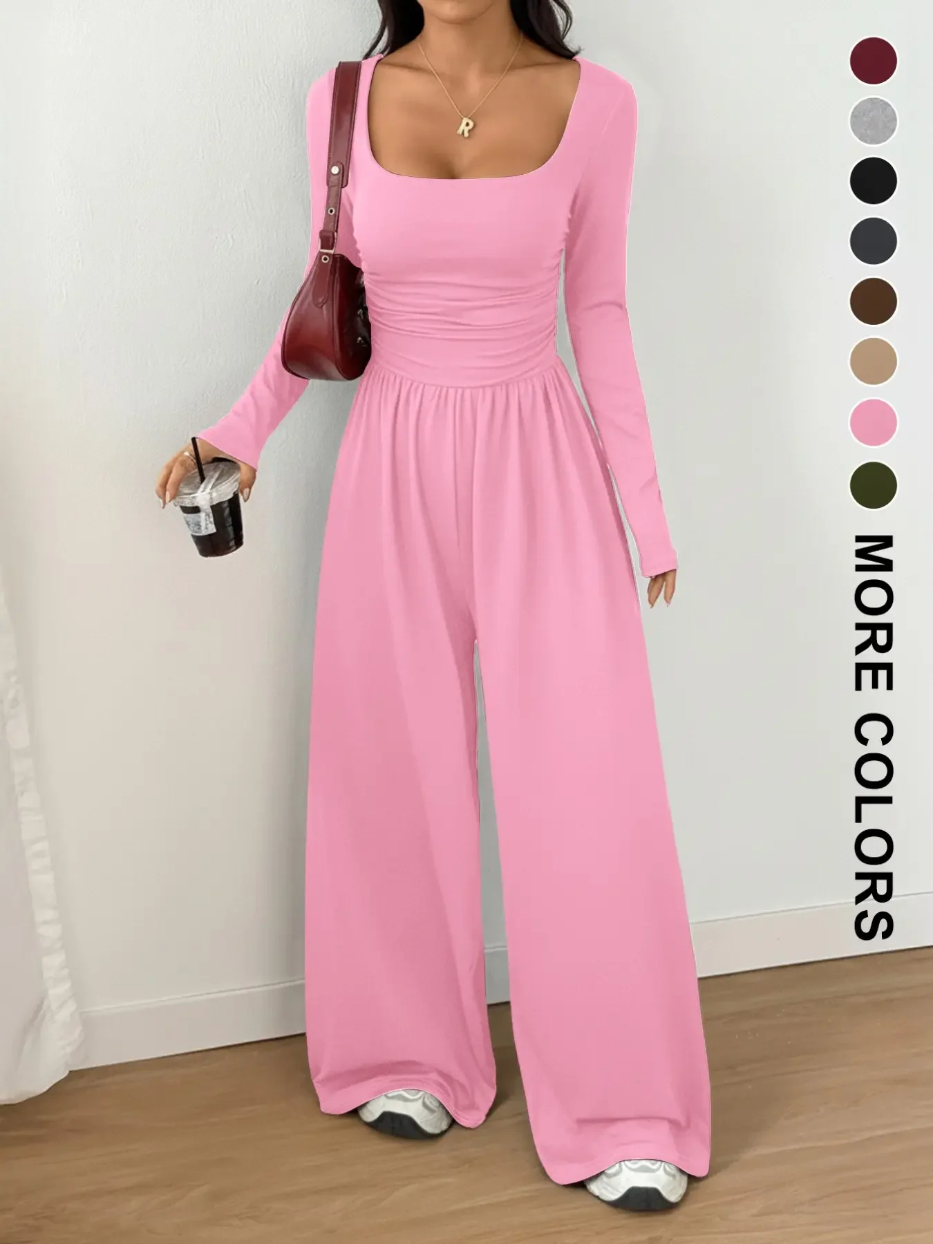 Women’s 100% Cotton Long Sleeve Knit Wide-Leg Jumpsuit with Pockets