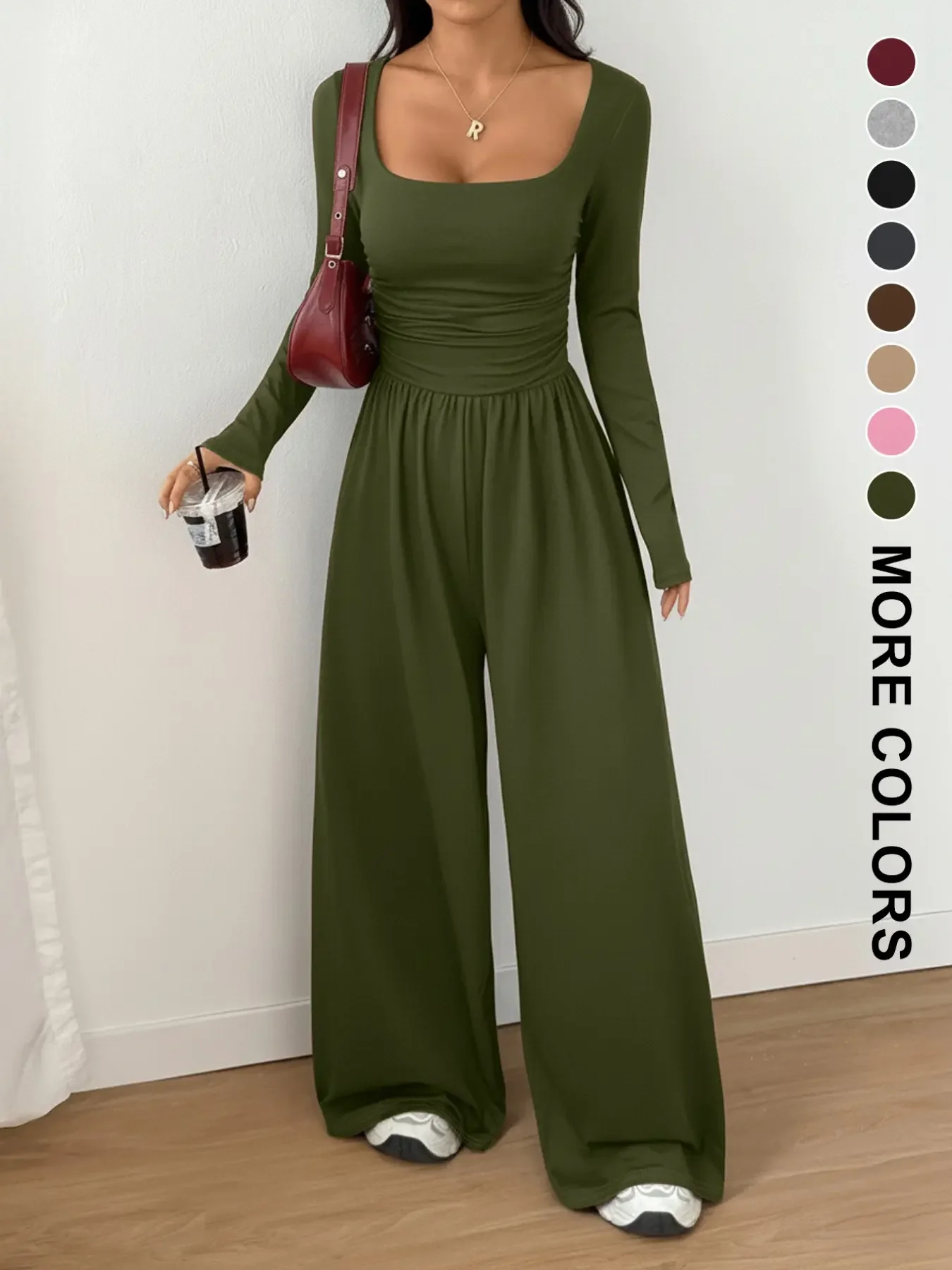 Women’s 100% Cotton Long Sleeve Knit Wide-Leg Jumpsuit with Pockets