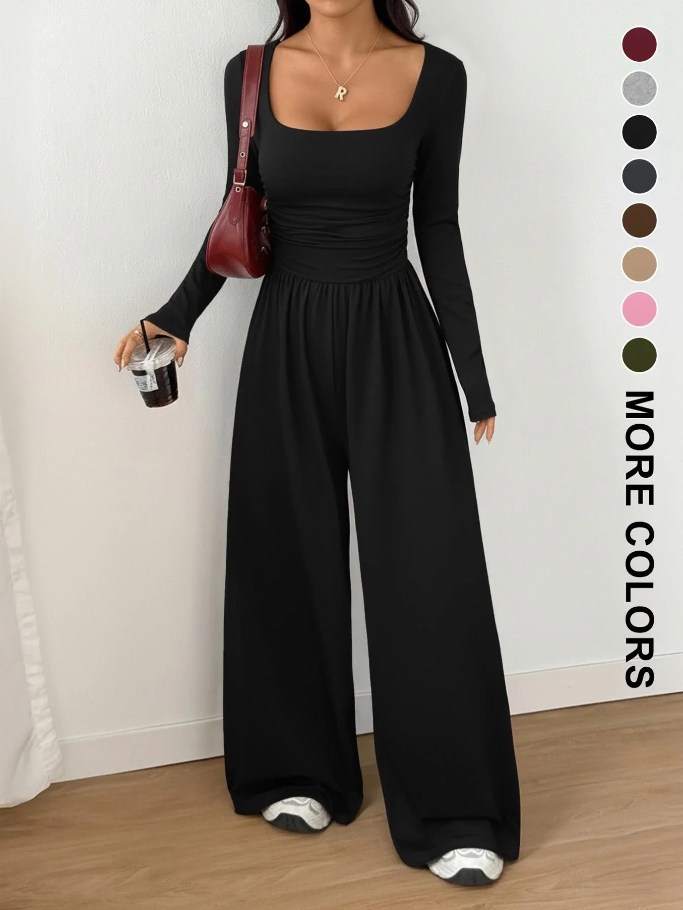 Women’s 100% Cotton Long Sleeve Knit Wide-Leg Jumpsuit with Pockets