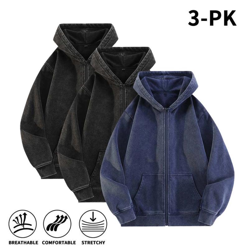 Men’s 100% Cotton Retro-Washed Brushed-Fleece Full-Zip Hoodie