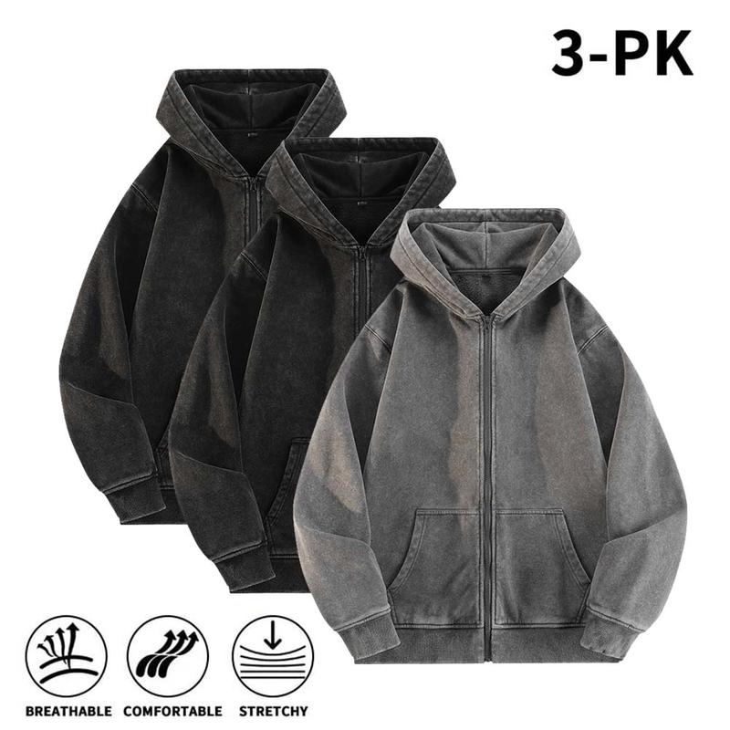 Men’s 100% Cotton Retro-Washed Brushed-Fleece Full-Zip Hoodie