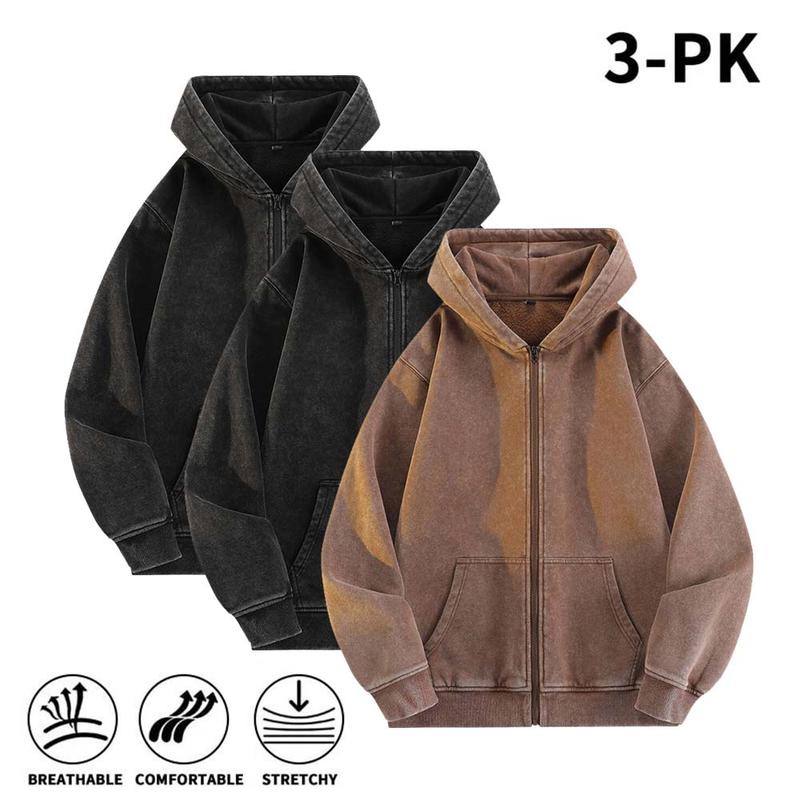 Men’s 100% Cotton Retro-Washed Brushed-Fleece Full-Zip Hoodie