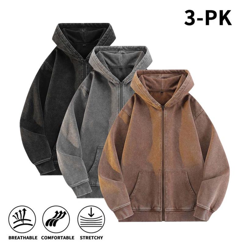 Men’s 100% Cotton Retro-Washed Brushed-Fleece Full-Zip Hoodie