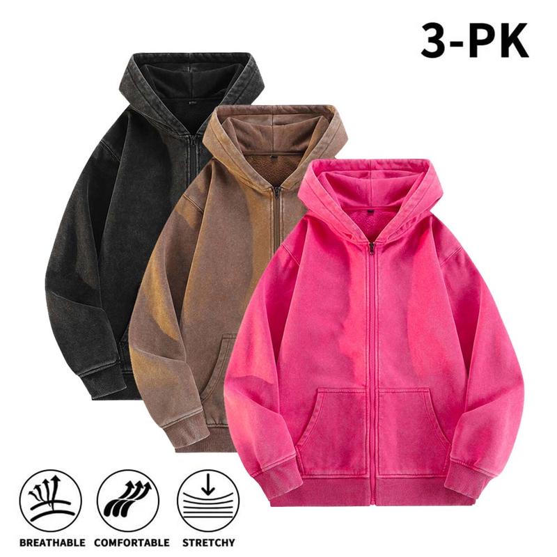 Men’s 100% Cotton Retro-Washed Brushed-Fleece Full-Zip Hoodie