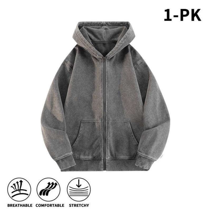 Men’s 100% Cotton Retro-Washed Brushed-Fleece Full-Zip Hoodie