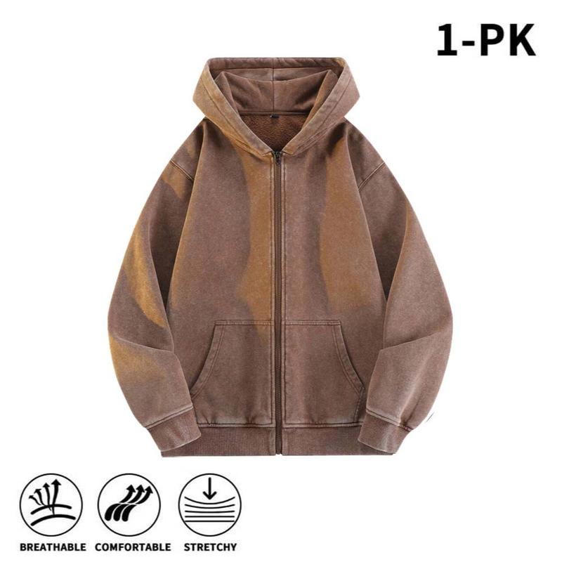 Men’s 100% Cotton Retro-Washed Brushed-Fleece Full-Zip Hoodie