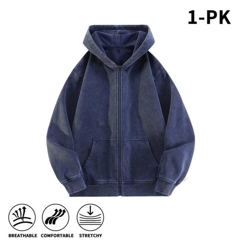 Men’s 100% Cotton Retro-Washed Brushed-Fleece Full-Zip Hoodie