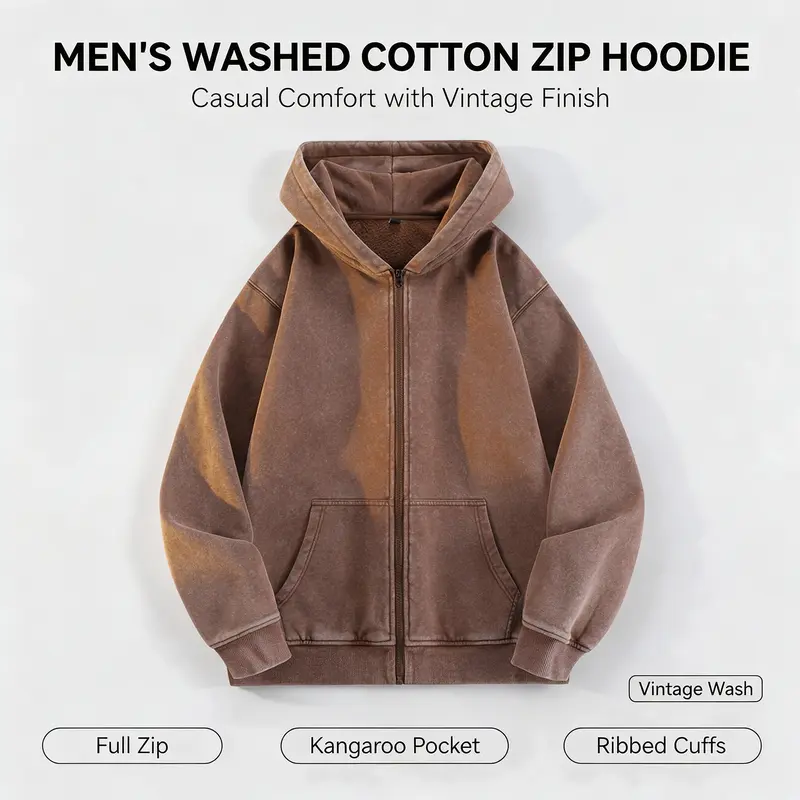 Men’s 100% Cotton Retro-Washed Brushed-Fleece Full-Zip Hoodie