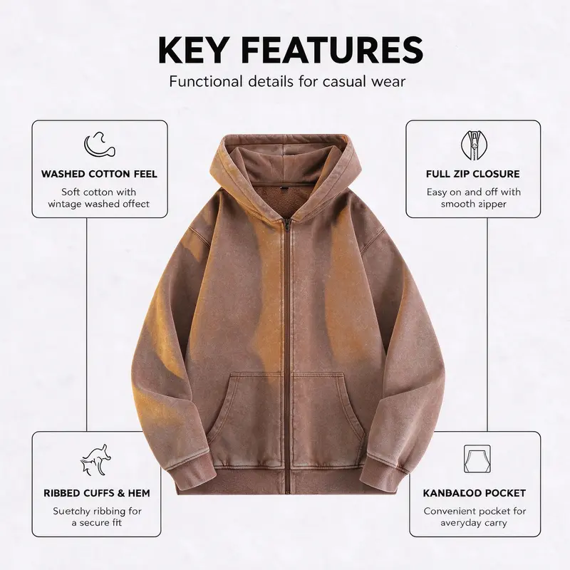 Men’s 100% Cotton Retro-Washed Brushed-Fleece Full-Zip Hoodie
