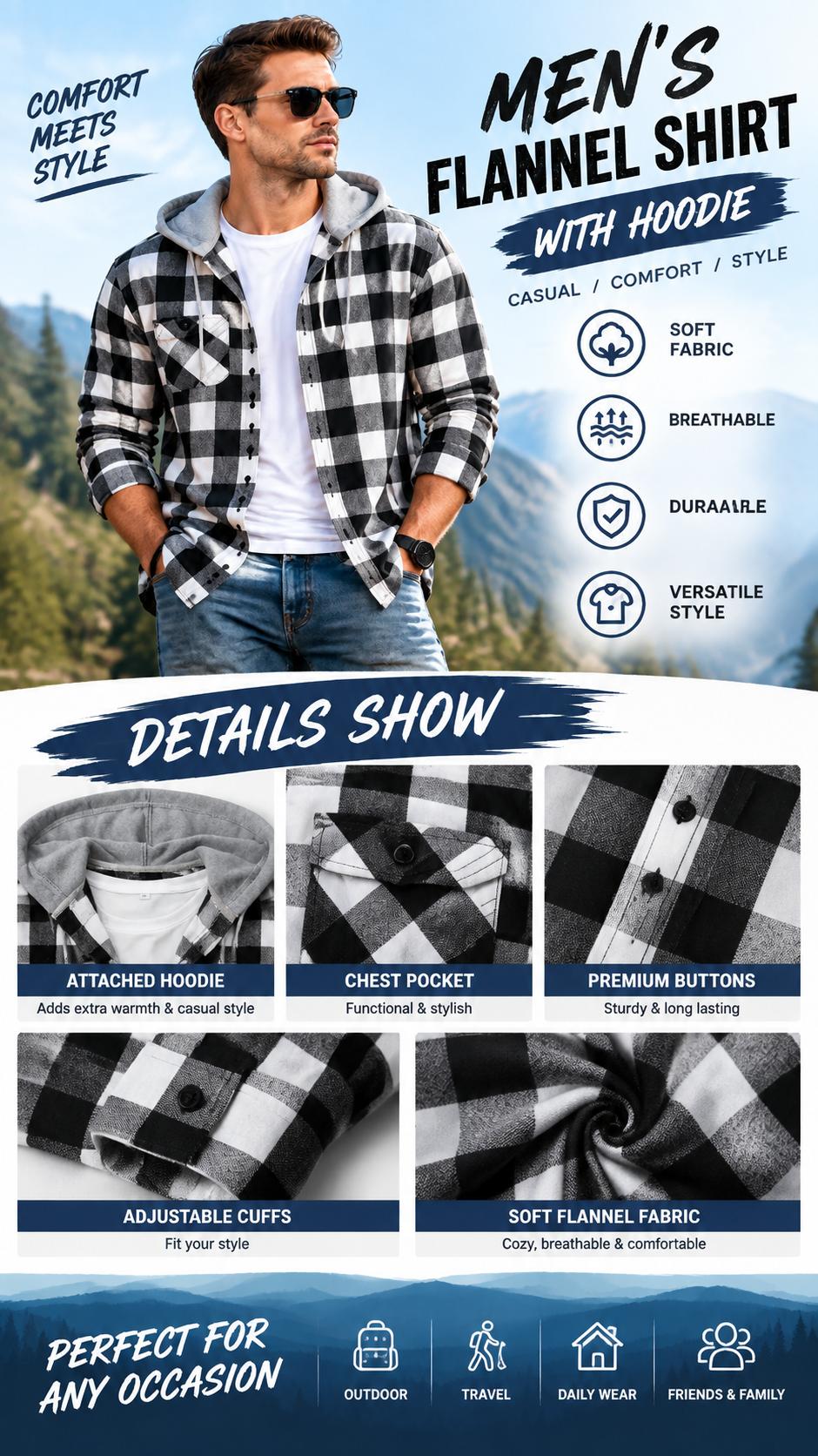 ZITY Men's Big & Tall [M-6XL] plaid front buckle ankle drawstring hooded shirt, regular style casual, fashionable, comfortable long sleeved jacket with pockets, suitable for spring and autumn, men's daily wear