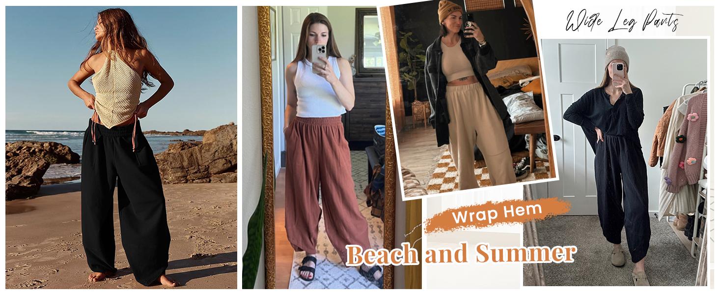 UANEO SummerVibes Women's Baggy Wideleg Pants Casual Elastic Waisted Palazzo Harem Pants with Pockets