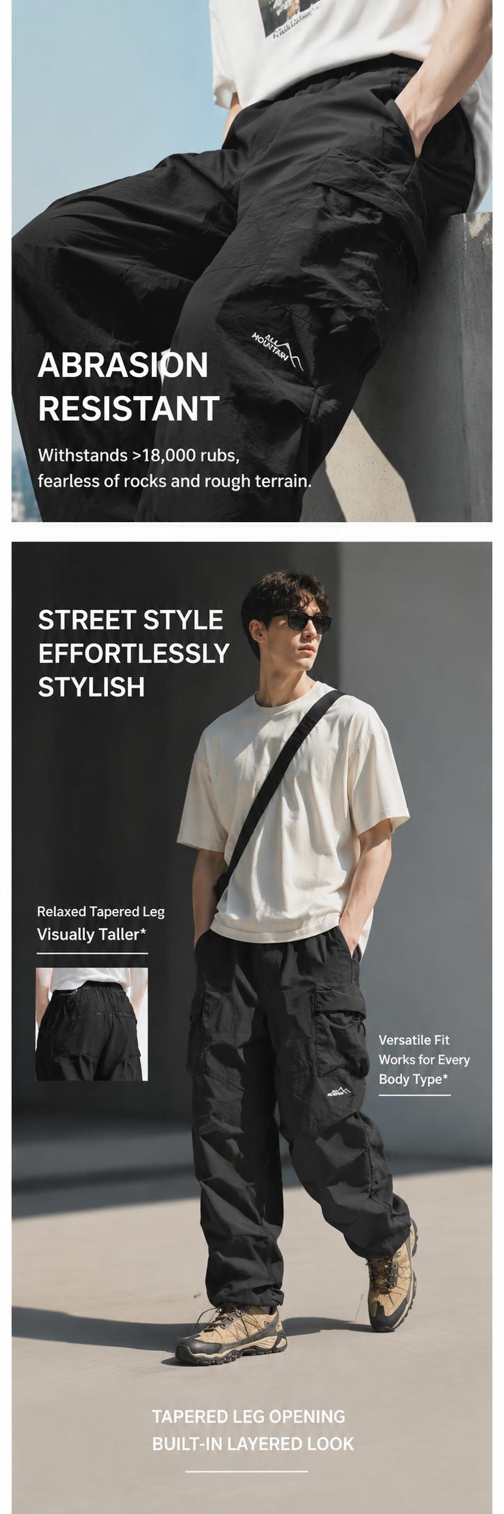 【CREATORS PICK】CAONAT Black Loose-Fit Baggy Cargo Pants for Men, Lightweight Water-Resistant Parachute Trousers with Elastic Waist and Pockets for Gorpcore Streetwear, Fashion Apparel, Mens Clothing, Baggy Pants,  Machine Washable, Baggy Cut, Hip-Hop