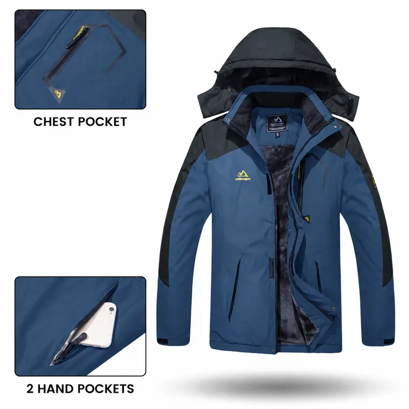 Men's Waterproof Wind-Resistant Fleece-Lined Ski & Hiking Jacket with Detachable Hood & Multi-Pockets