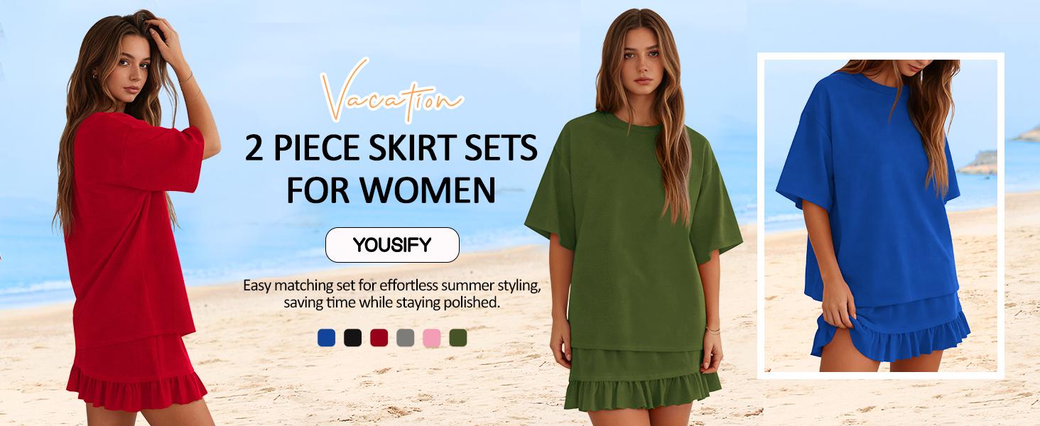 Yousify Women's 2 Piece Skirt Set Summer Vacation Outfits Short Sleeve Crewneck Top & Casual Mini Skirt for Easy Styling,summeroutfits,vacationoutfits,bathingsuitwomenset,beachoutfits