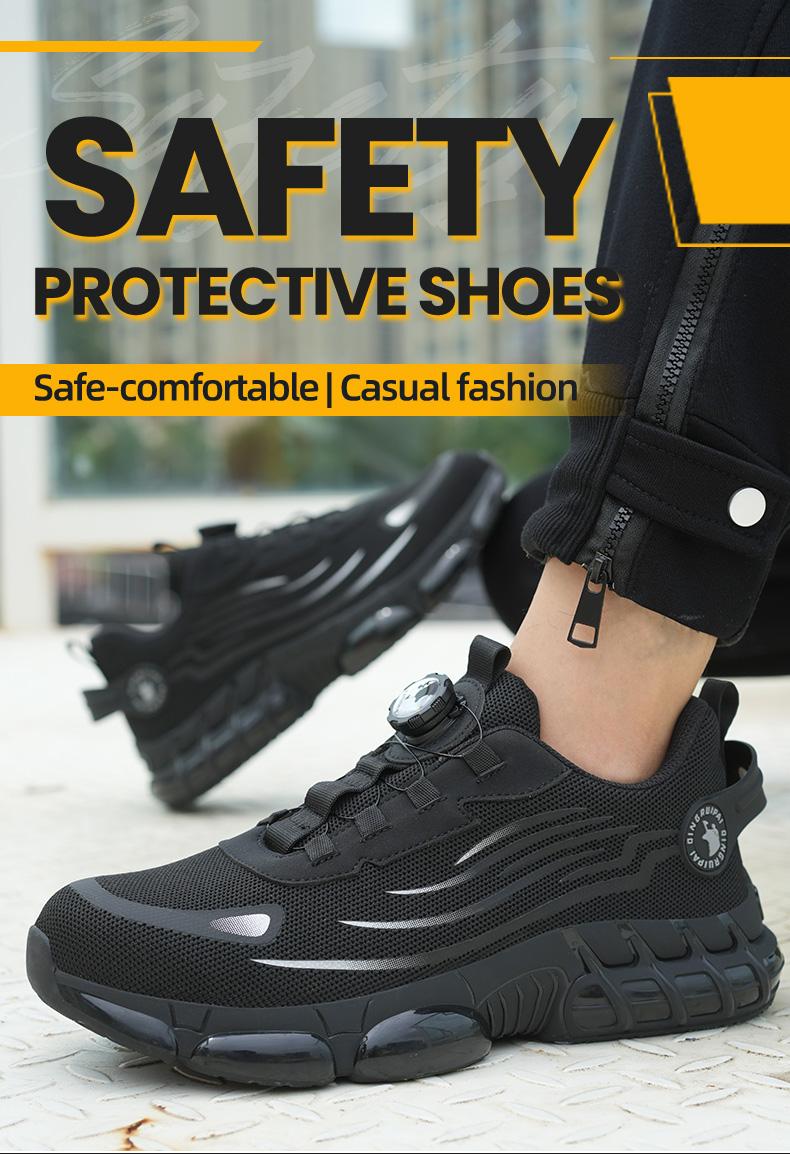 Men's Lace Up Low Top Anti Piercing & Anti Smashing Safety Shoes with Rotating Button, Casual Comfortable Breathable Contrast Mesh Work Shoes, Contrast Mesh Design Anti-slip Shoes for Outdoor Work, Working Shoes