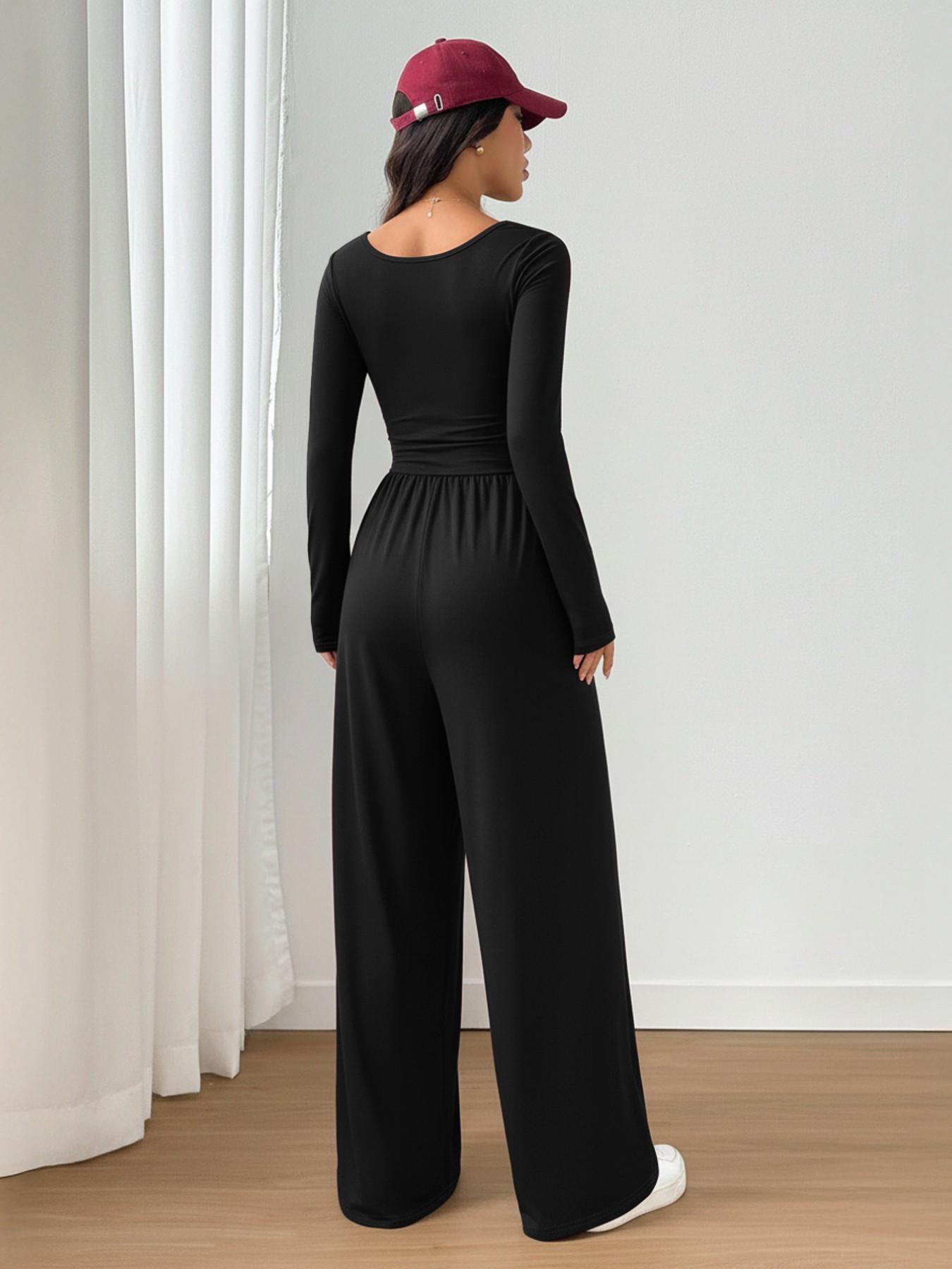 Women’s 100% Cotton Long Sleeve Knit Wide-Leg Jumpsuit with Pockets