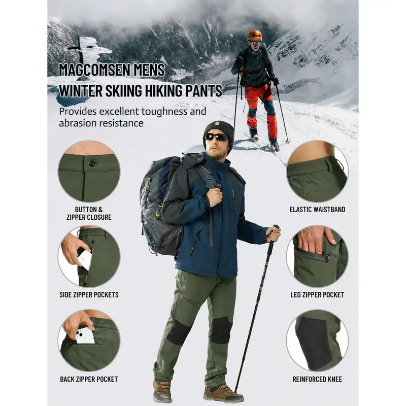 Men's Water-Resistant Fleece-Lined Snow Pants with 4 Zip Pockets & Reinforced Knees