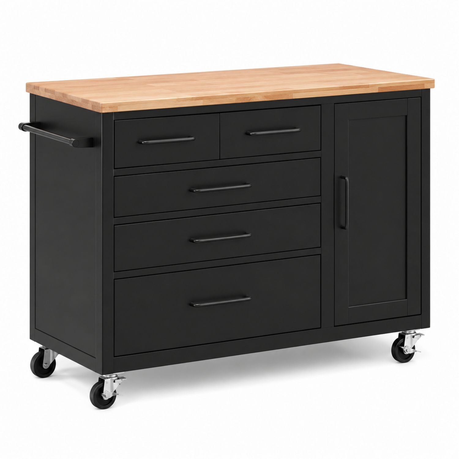 Carrito de cocina de metal negro con superficie de madera y ruedas-Timberhomeeu