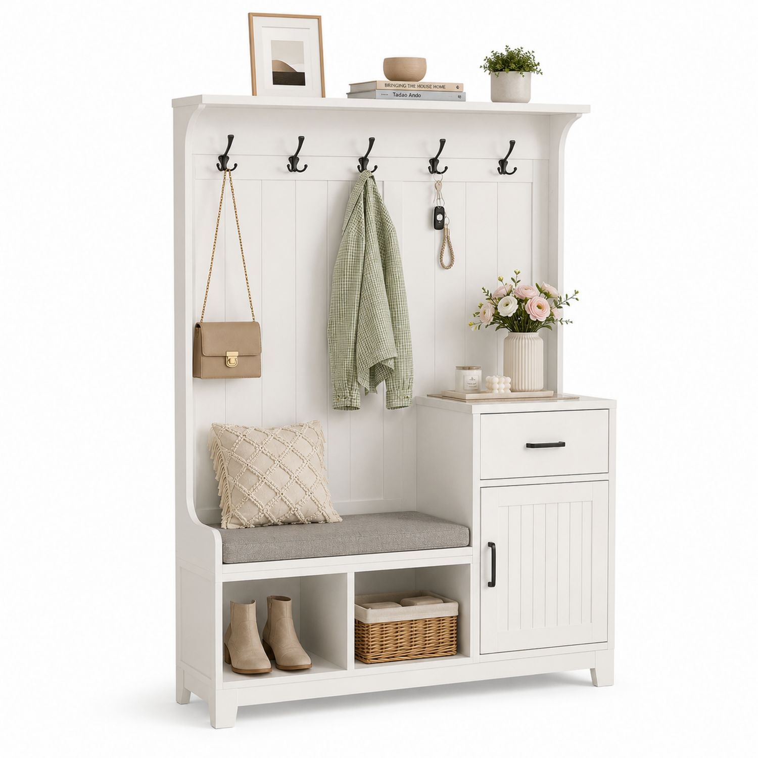 Perchero de entrada de madera con banco y almacenamiento blanco-Timberhomeeu
