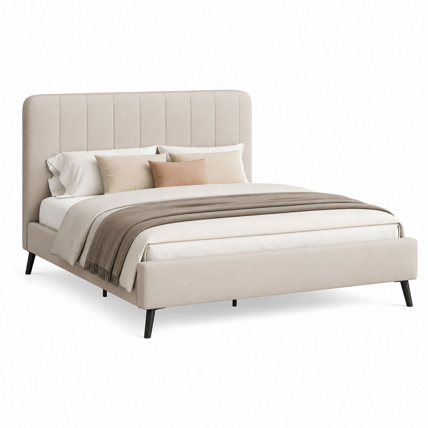 Cama doble de madera y metal con tapizado de poliéster beige 200x160 cm-Timberhomeeu