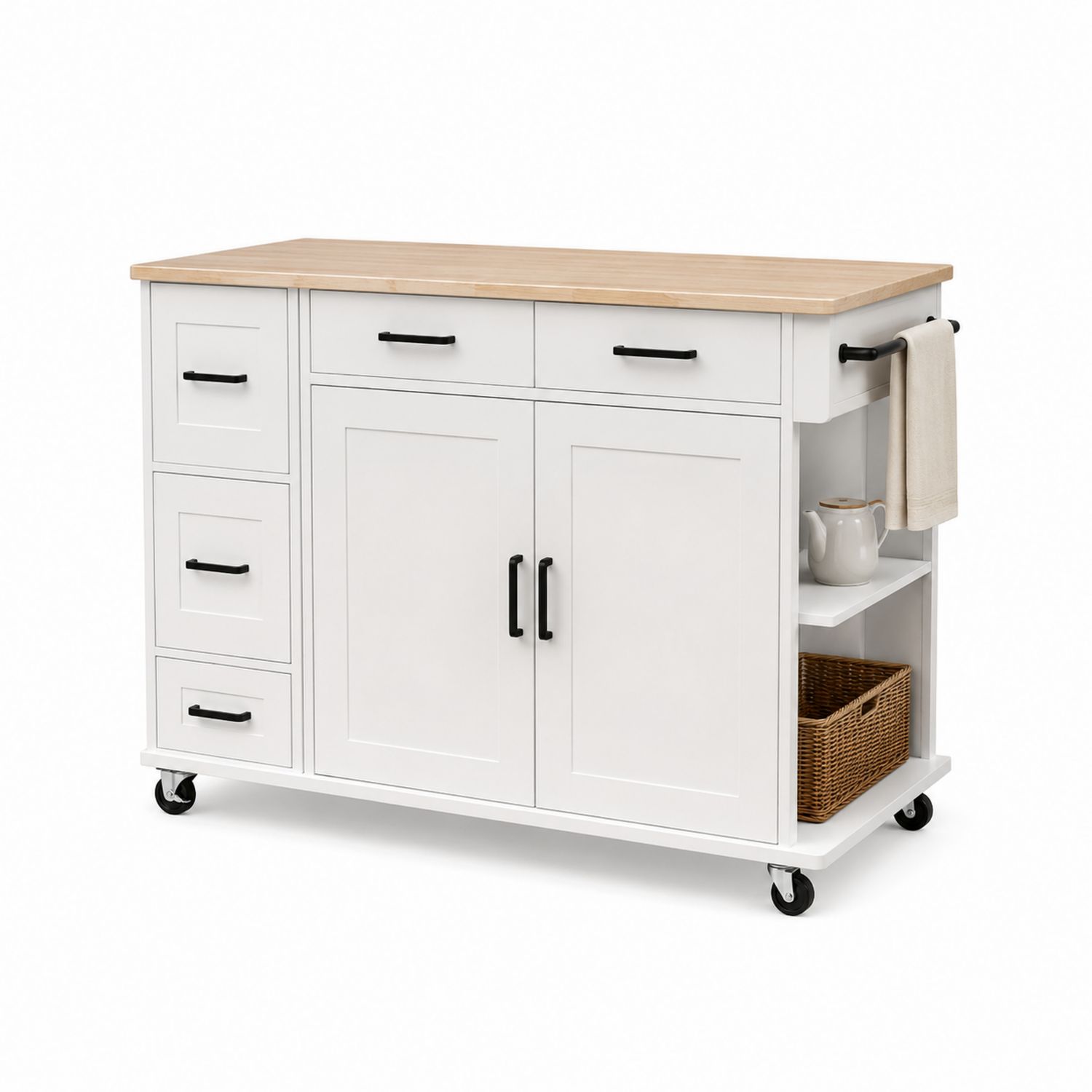 Carrito de cocina de madera con cajoneras y ruedas, 120x45x90 cm, Blanco y Madera natural-Timberhomeeu