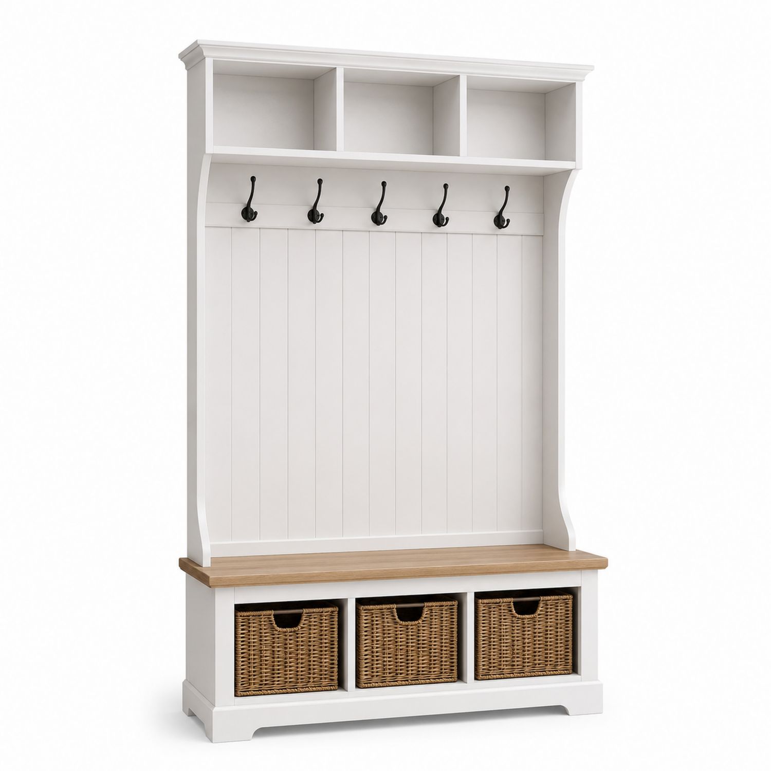 Perchero de Madera con Banco y Cestas Blancas y Naturales-Timberhomeeu