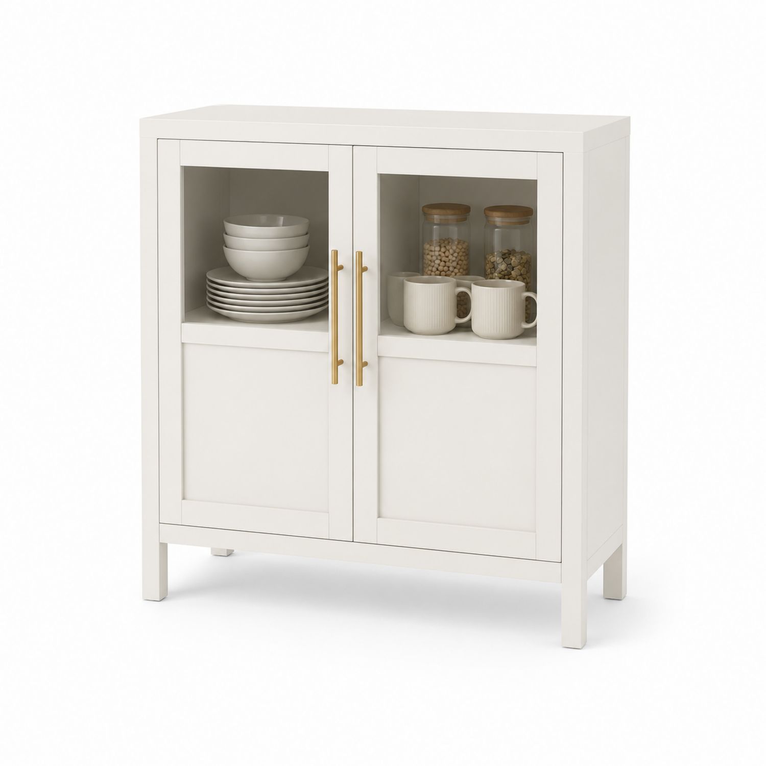Aparador de Madera con Puertas de Vidrio Blanco-Timberhomeeu