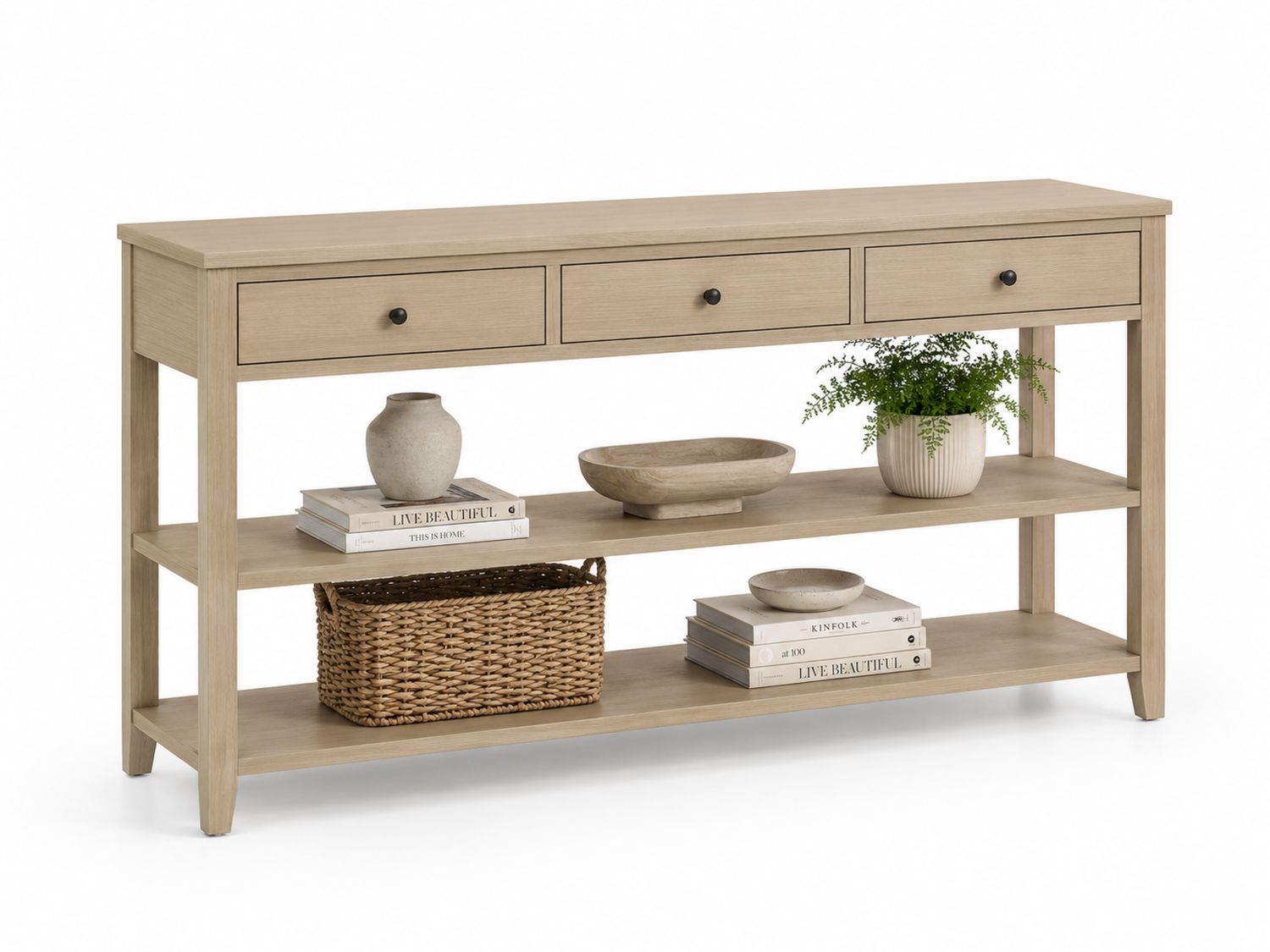 Mesa consola de madera de roble con cajones y estantes-Timberhomeeu