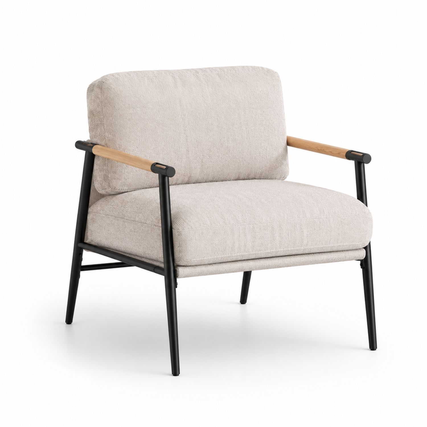 Silla de salón con estructura de metal, brazos de madera y tapizado de tela de poliéster beige-Timberhomeeu