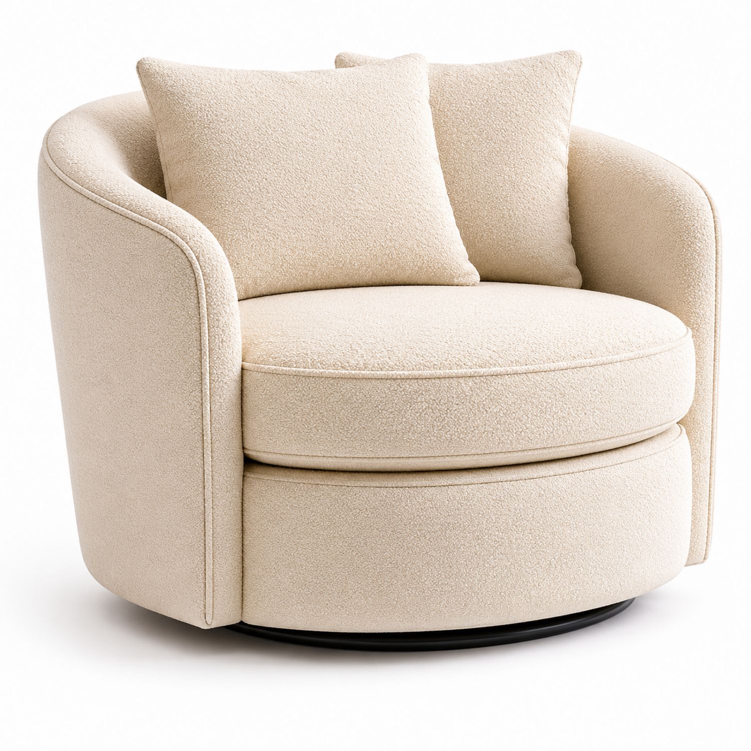 Silla giratoria con respaldo curvo de tela bouclé beige con cojines-Timberhomeeu