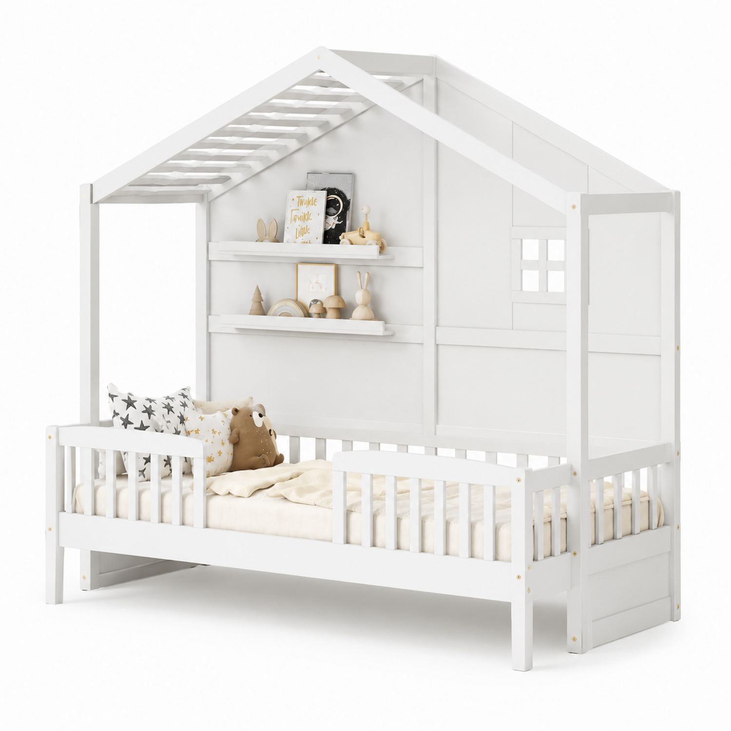 Cama infantil en forma de casa de madera blanca con estantes-Timberhomeeu