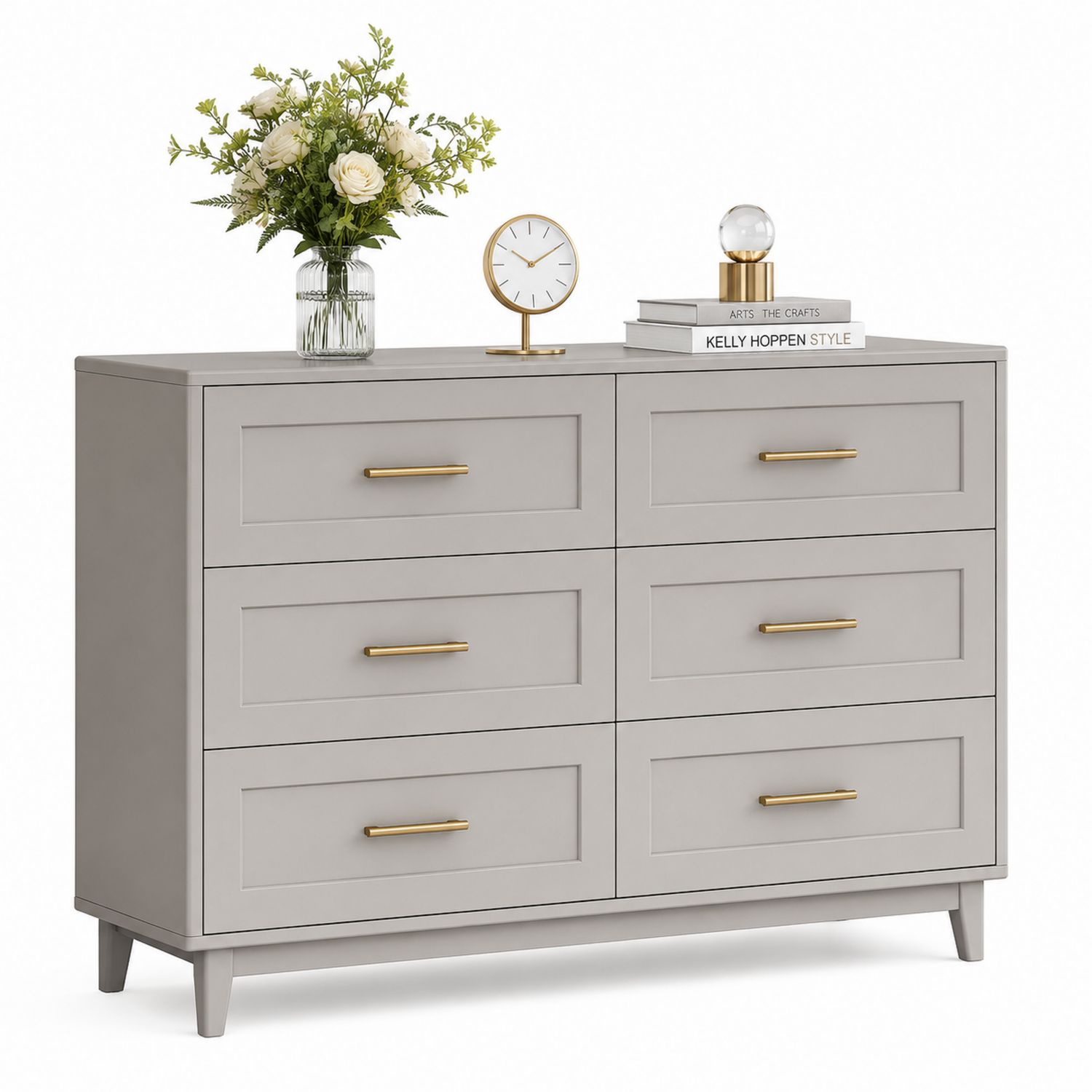 Cajonera de MDF Gris con Tiradores de Metal Dorado 120x40x80 cm-Timberhomeeu