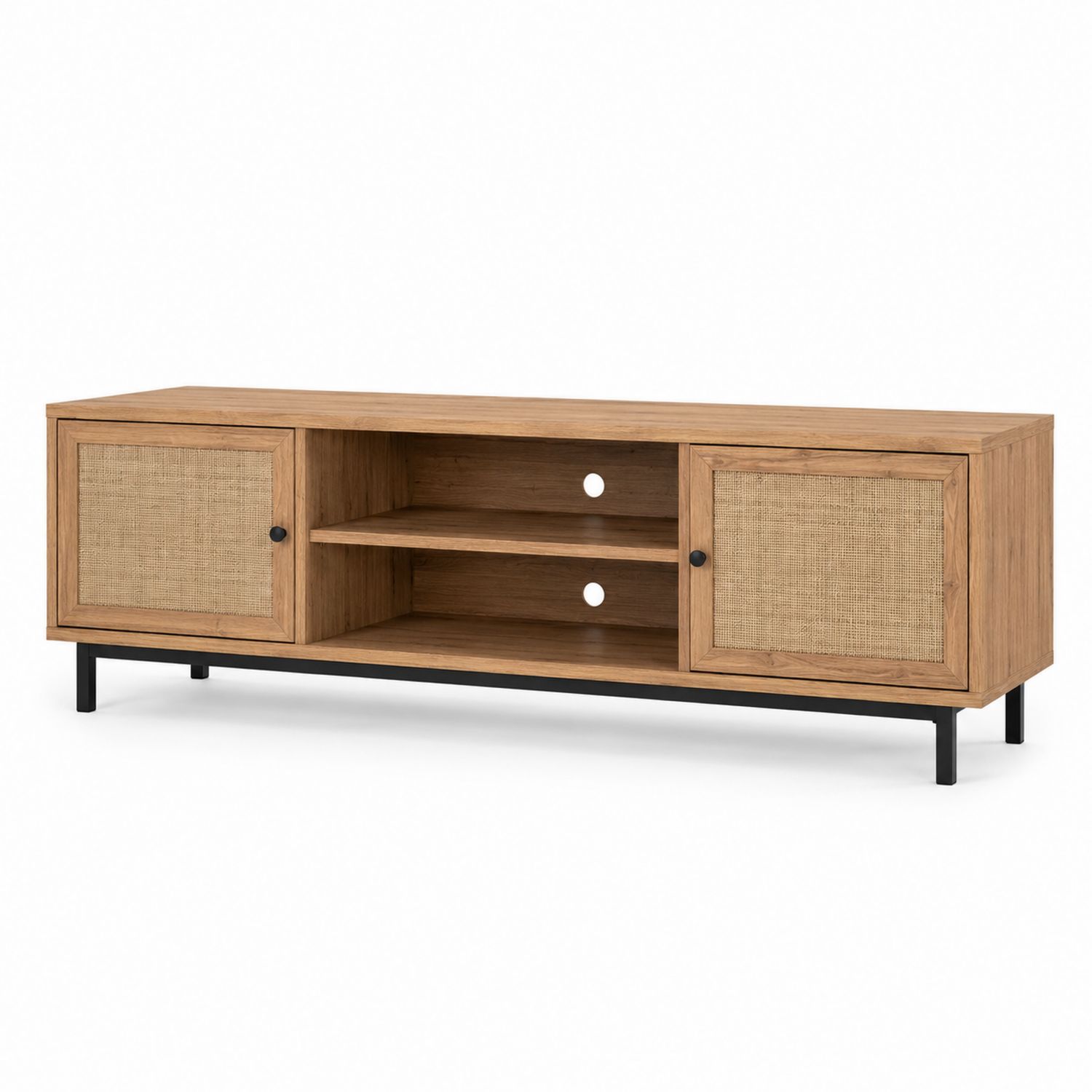 Mueble de TV de Madera MDF, Ratán y Metal Negro 120x40x50 cm-Timberhomeeu