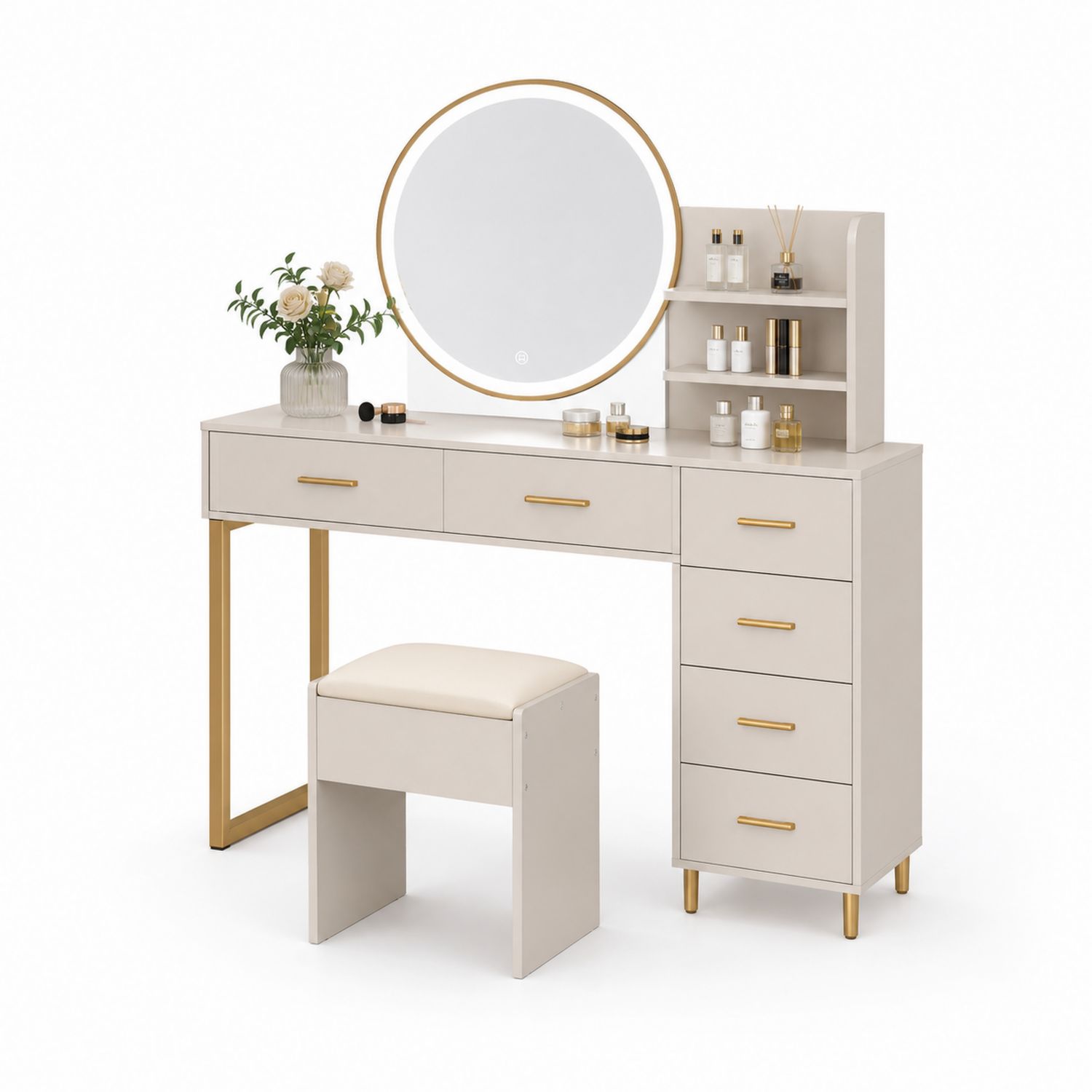 Tocador de MDF con Espejo Redondo y Taburete Beige y Dorado-Timberhomeeu