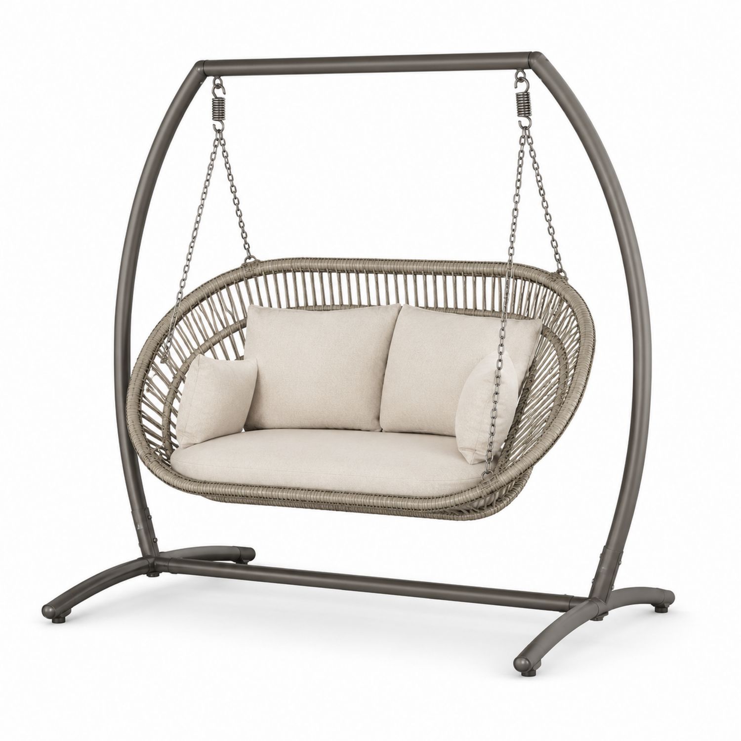 Hamaca colgante de metal y ratán sintético con cojines crema-Timberhomeeu