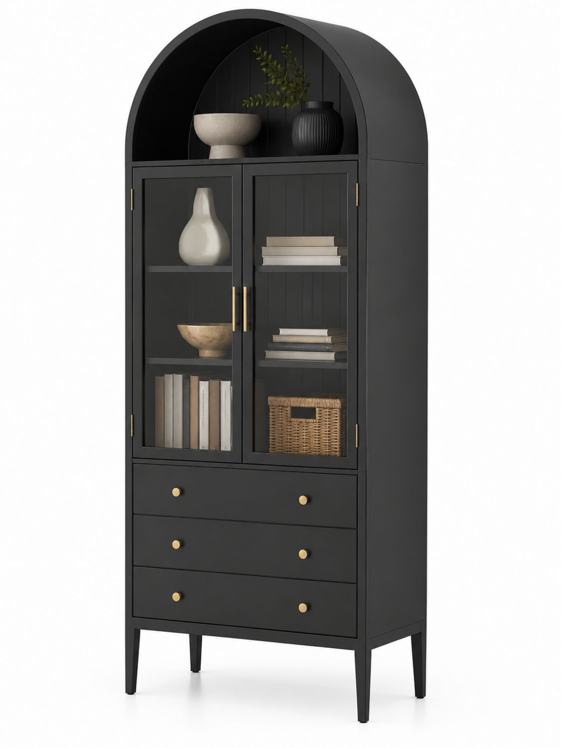Armario vitrina de madera negro con vidrio y cajones-Timberhomeeu