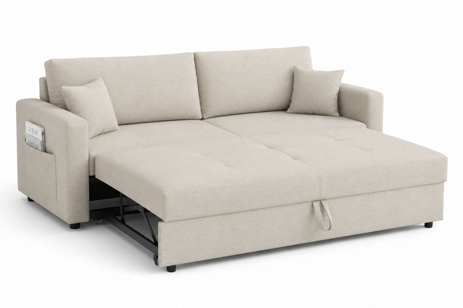 Sofá cama en L tela beige estructura de madera 230x150x90 cm-Timberhomeeu