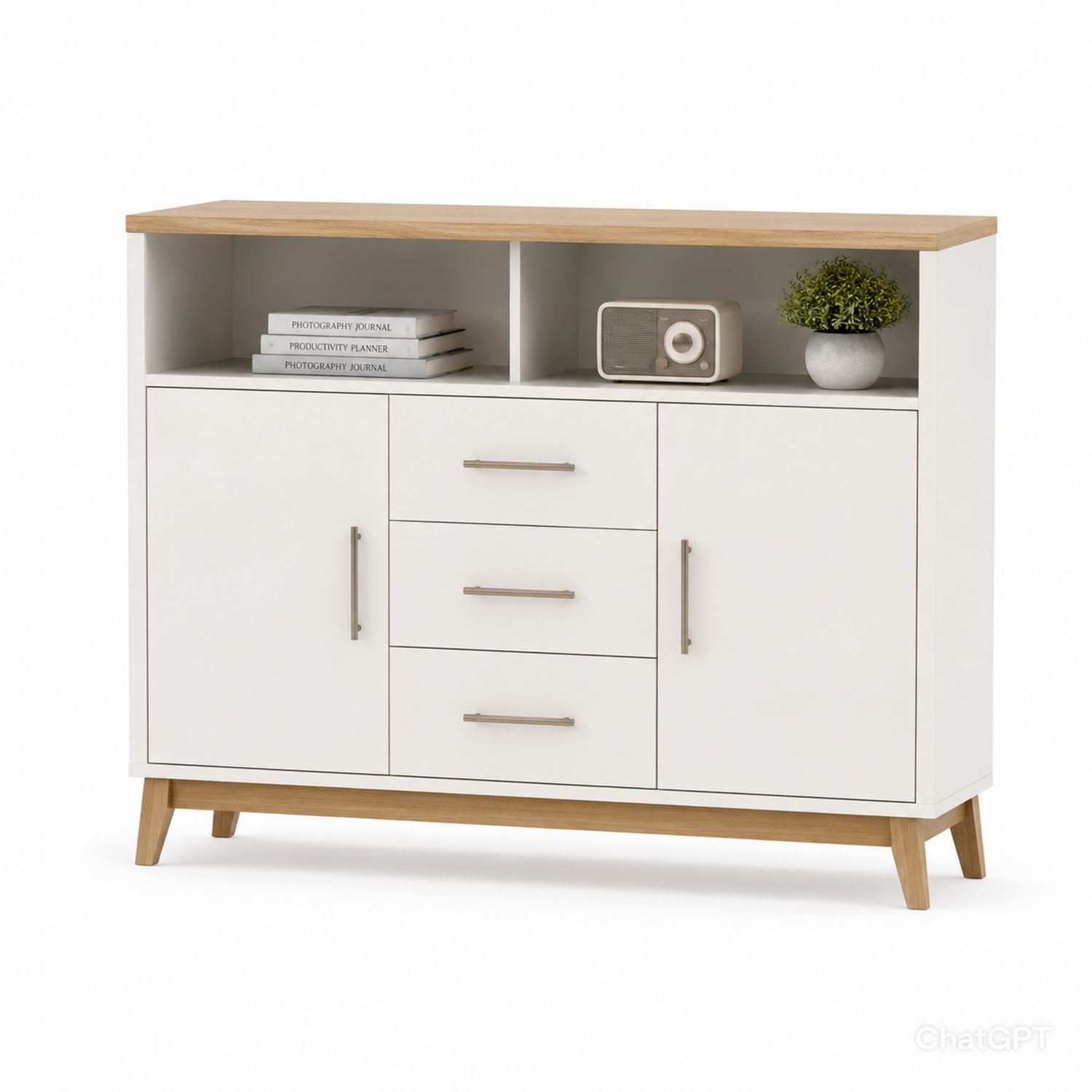 Aparador de madera con puertas blancas y estantes-Timberhomeeu