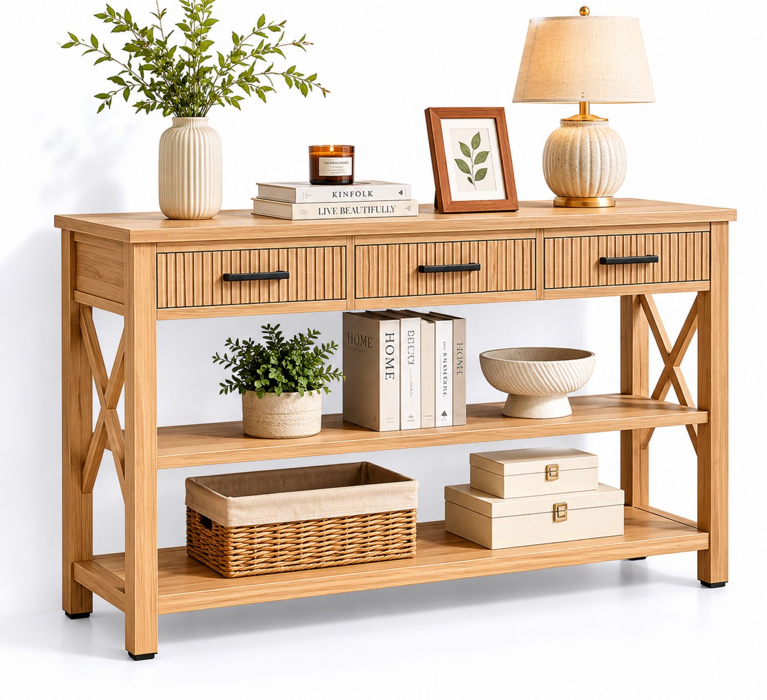 Consola de madera con cajones y estantes de 120x30x80 cm-Timberhomeeu